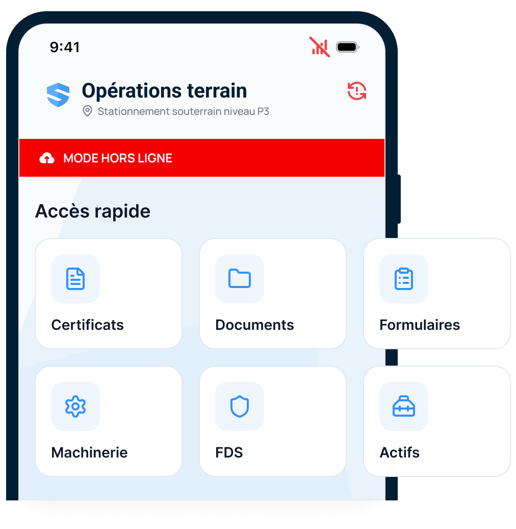 Écran d'accès rapide des opérations terrain au niveau P3 du stationnement souterrain, en mode hors ligne, avec des tuiles Certificats, Documents, Formulaires, Machinerie, FDS et Actifs