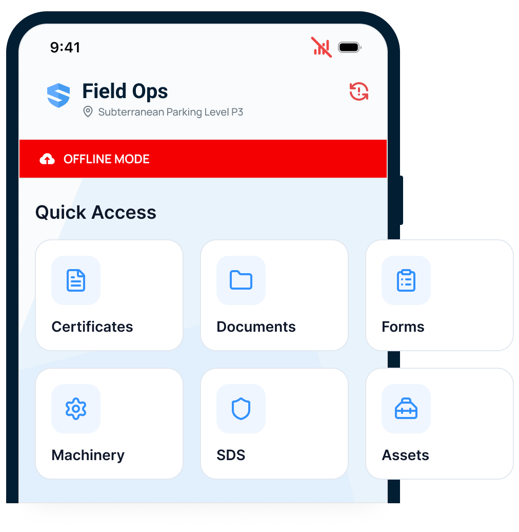 Field Ops quick-access screen at Subterranean Parking Level P3 in offline mode, with tiles for Certificates, Documents, Forms, Machinery, SDS, and Assets