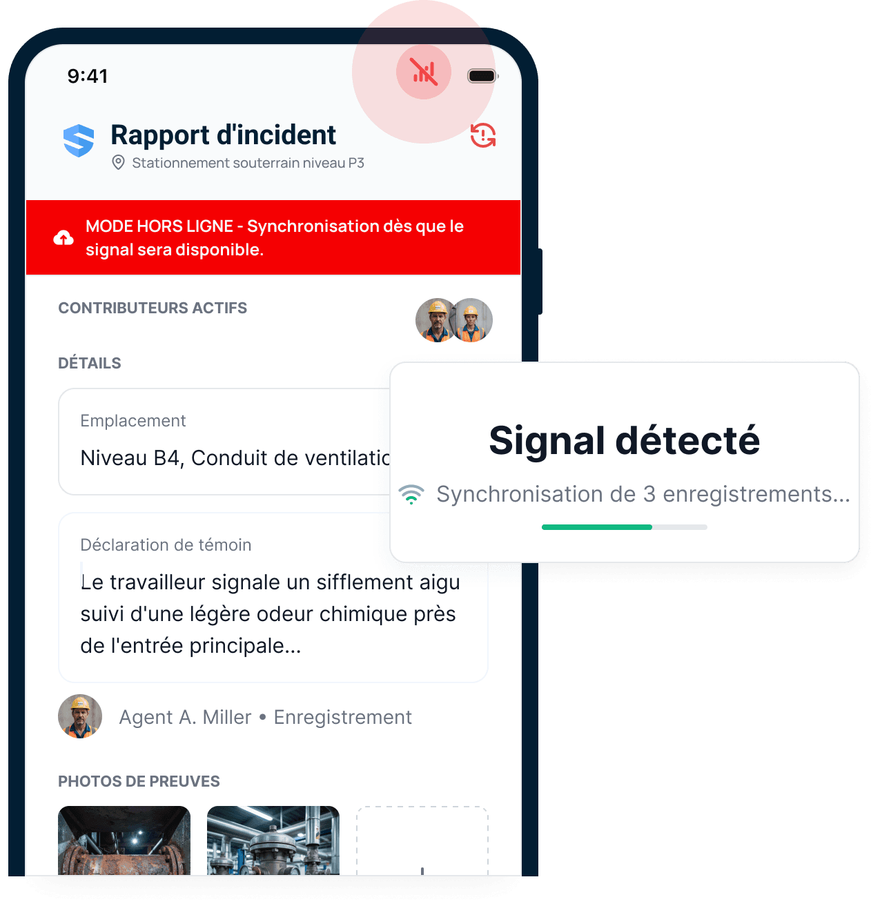 Rapport d'incident sur un téléphone au niveau P3 du stationnement souterrain, avec une bannière rouge de mode hors ligne, deux contributeurs actifs, une déclaration de témoin enregistrée par l'agent A. Miller, des photos de preuve et une carte « Signal détecté — synchronisation de 3 dossiers »