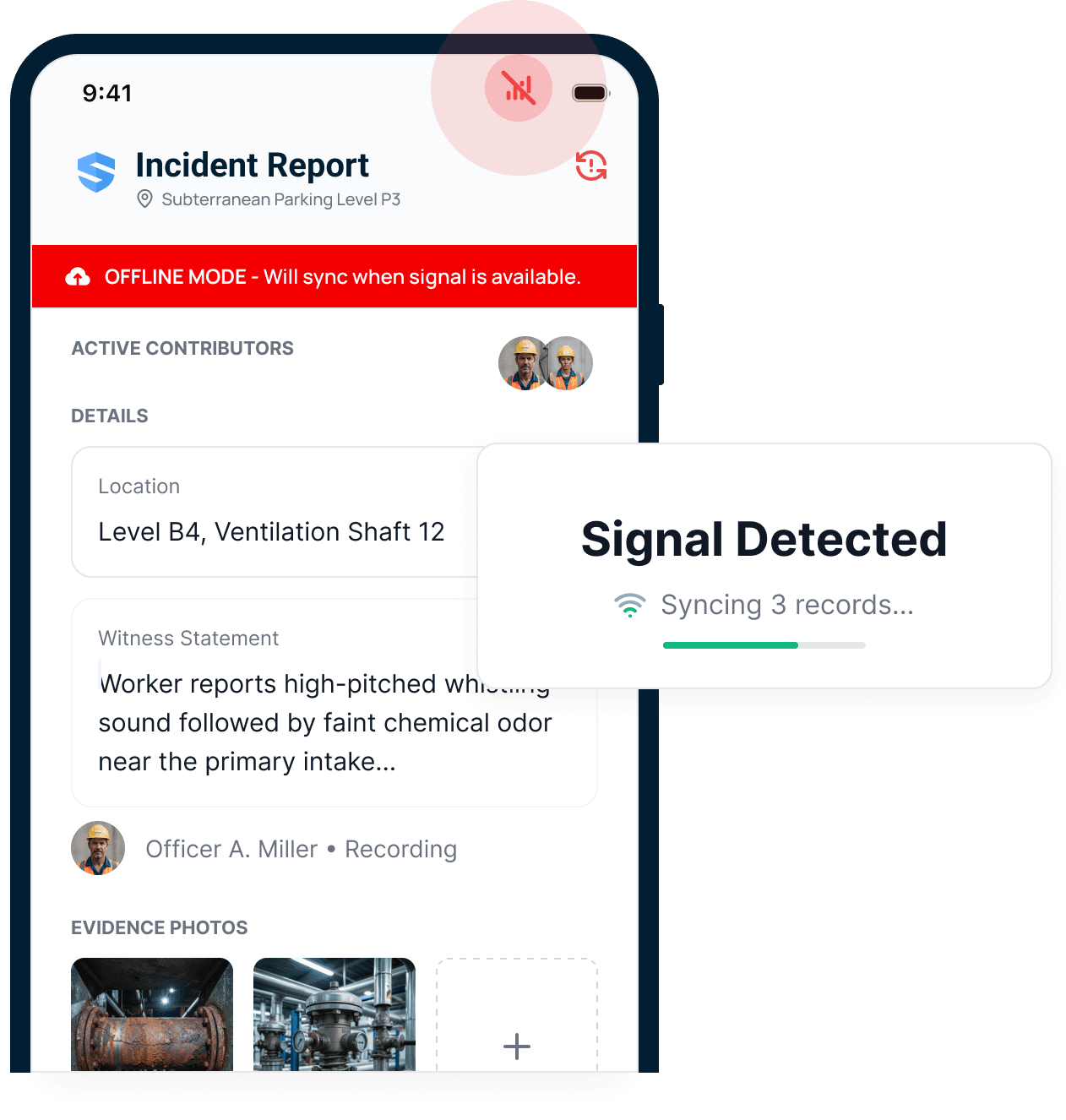 Incident report on a phone at Subterranean Parking Level P3 with a red offline-mode banner, two active contributors, a witness statement being recorded by Officer A. Miller, evidence photos, and a 'Signal Detected โ syncing 3 records' card