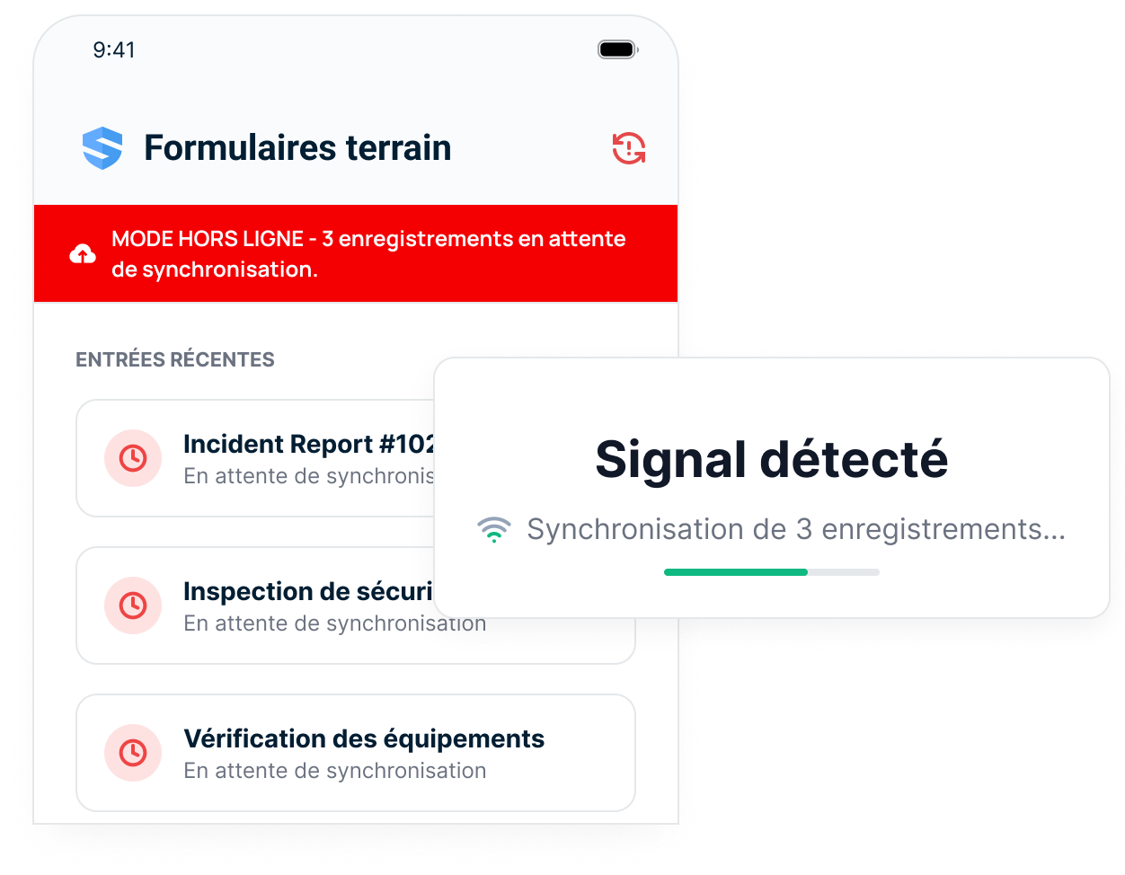 Écran des formulaires terrain avec une bannière de mode hors ligne et trois dossiers en file d'attente de synchronisation — un rapport d'incident, une inspection de sécurité et une vérification d'équipement — à côté d'une carte « Signal détecté » qui synchronise les trois