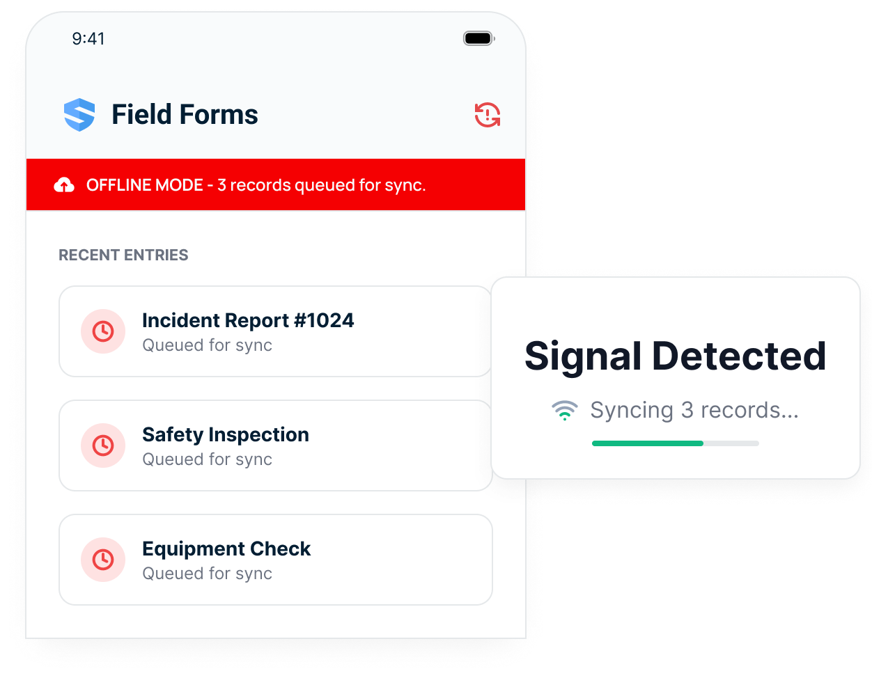 Field Forms screen with an offline-mode banner and three records queued for sync โ an incident report, a safety inspection, and an equipment check โ beside a 'Signal Detected' card syncing all three