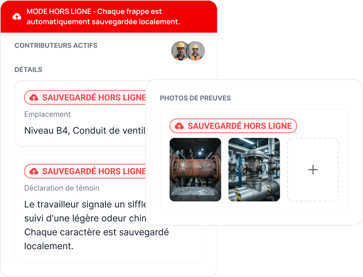 Cartes de détails d'incident — la localisation au puits de ventilation 12 du niveau B4, une déclaration de témoin et des photos de preuve — chacune marquée « Enregistré hors ligne » sous une bannière indiquant que chaque frappe est sauvegardée automatiquement en local, avec deux contributeurs actifs