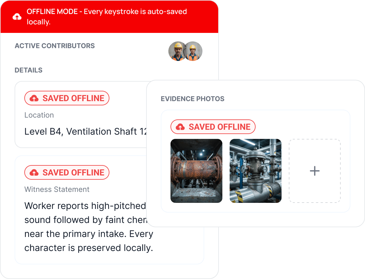 Incident detail cards โ the location at Level B4 Ventilation Shaft 12, a witness statement, and evidence photos โ each marked 'Saved offline' under a banner noting every keystroke is auto-saved locally, with two active contributors