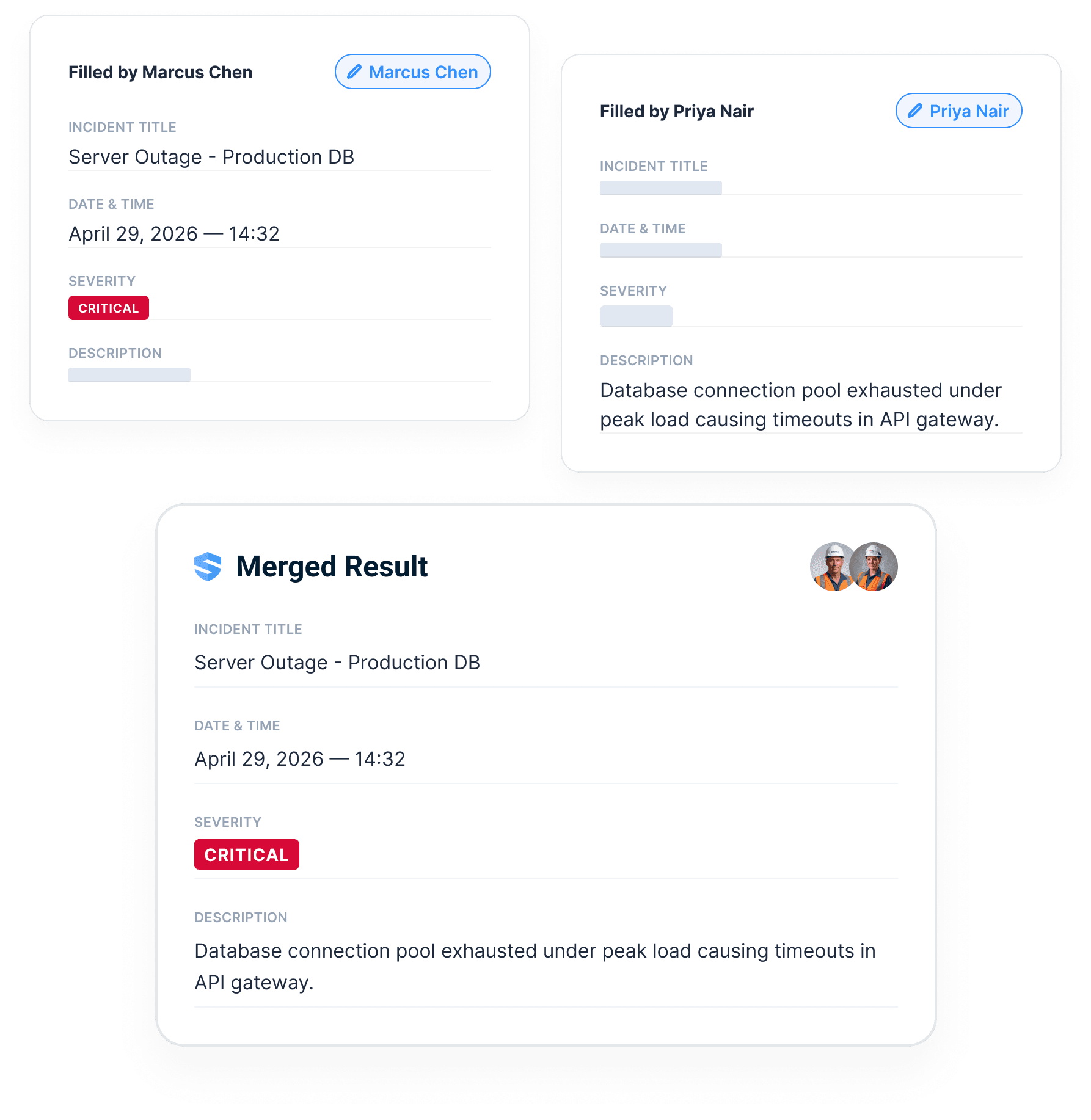 Two partially filled report cards โ Marcus Chen's with the title, date, and a critical severity flag; Priya Nair's with the detailed description โ combined into a single merged result with every field present