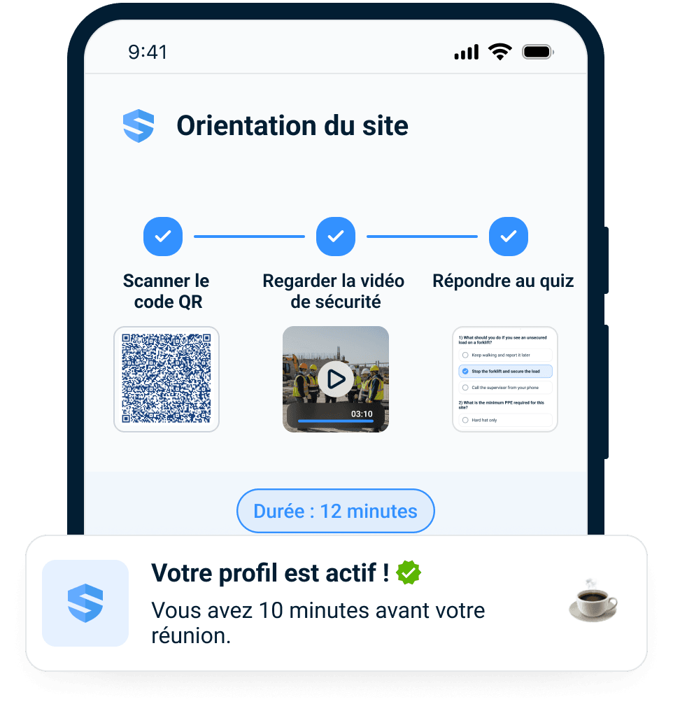 Orientation de chantier sur un téléphone : balayez le code QR, regardez la vidéo de sécurité, répondez au questionnaire, profil actif