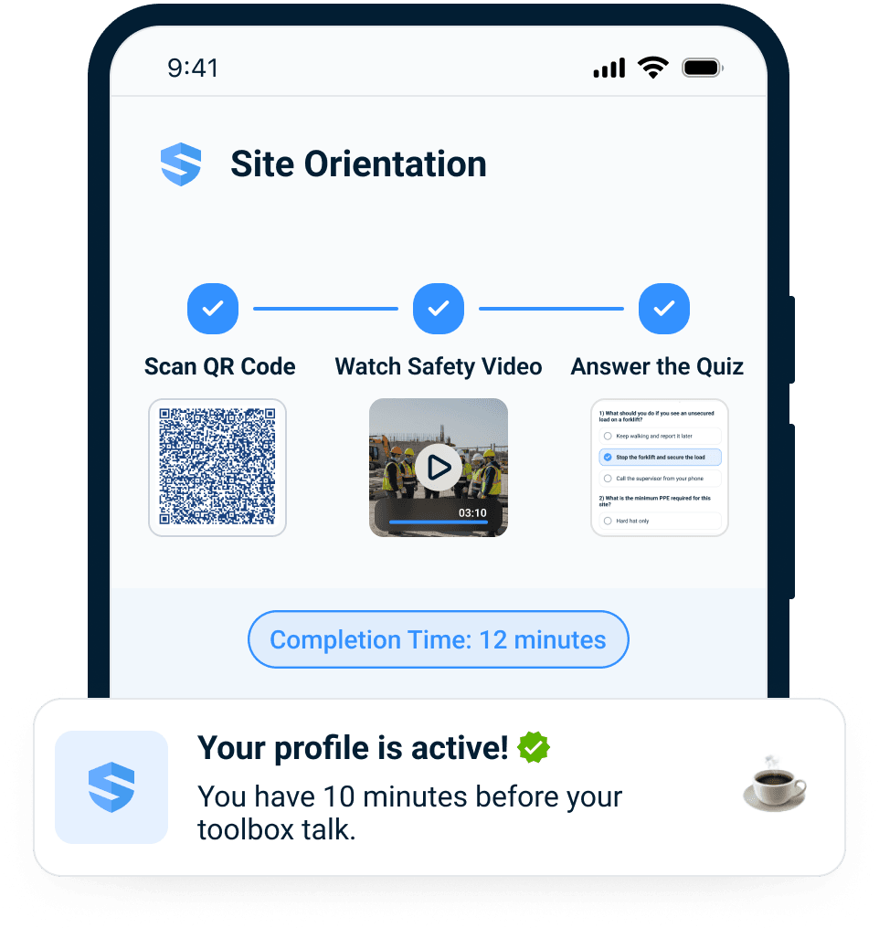 Site orientation on a phone: scan QR, watch the safety video, answer the quiz, and activate the portable worker profile