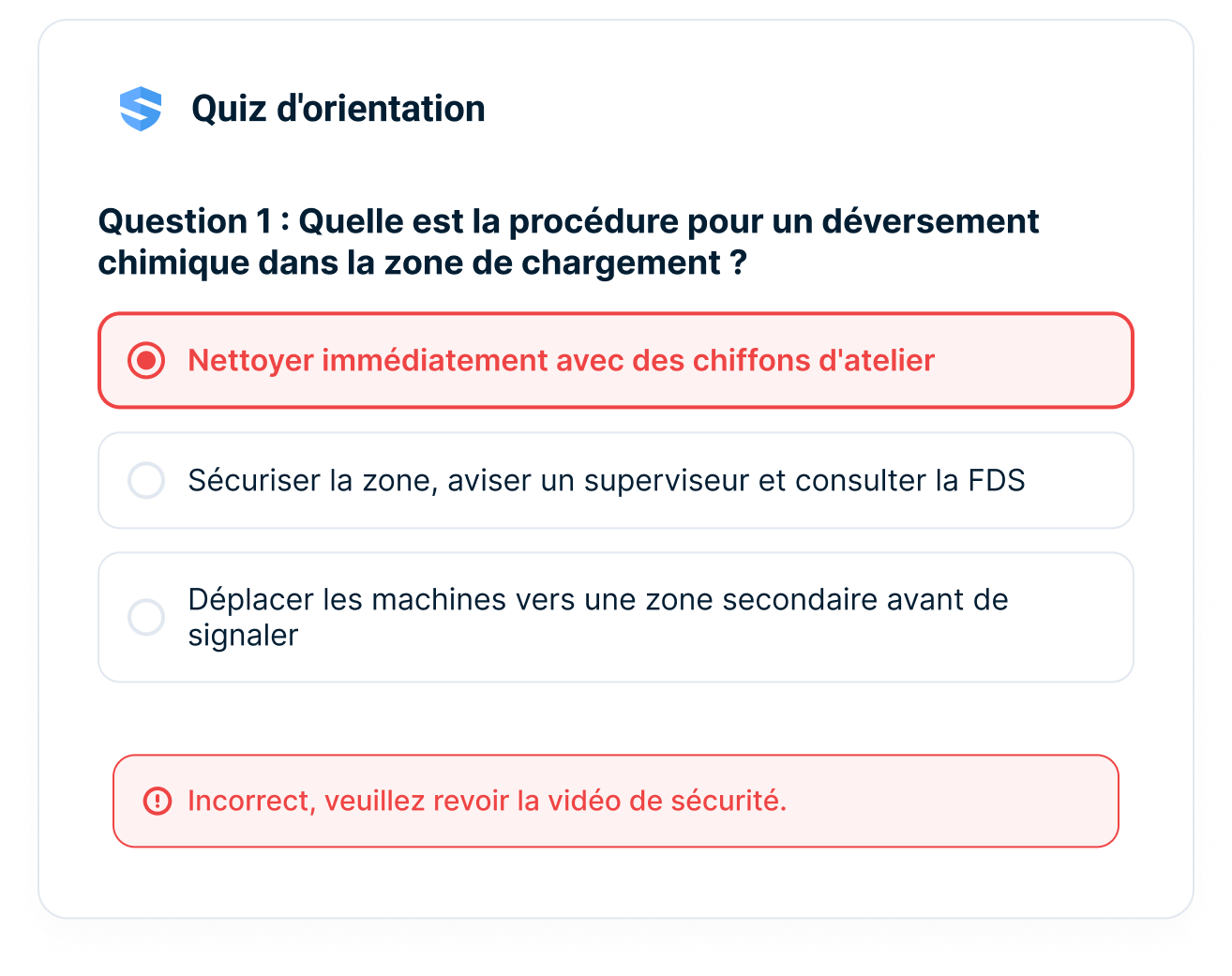 Questionnaire d'orientation affichant une réponse incorrecte et une invite à revoir la vidéo de sécurité