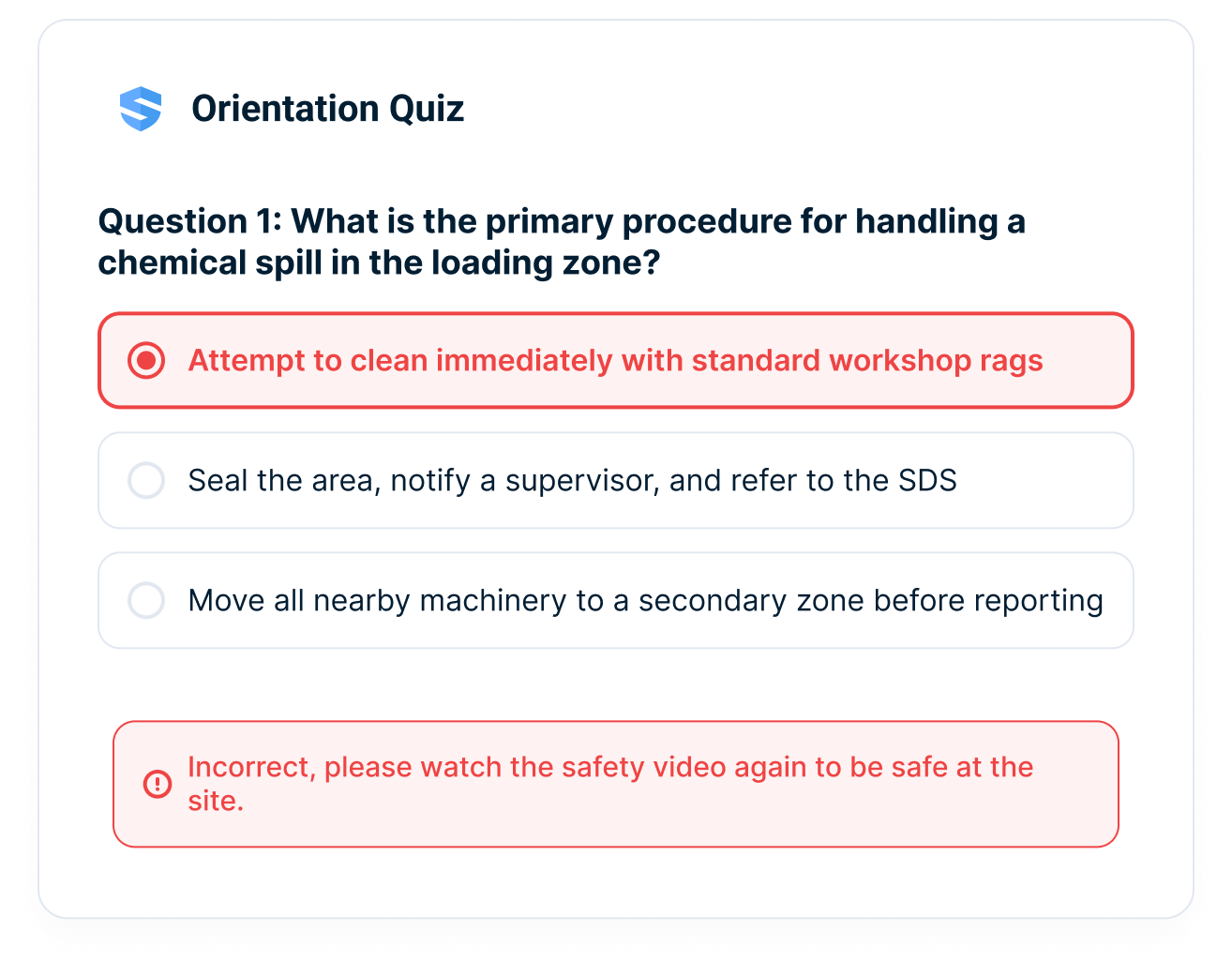 Orientation quiz showing an incorrect answer and a prompt to re-watch the safety video
