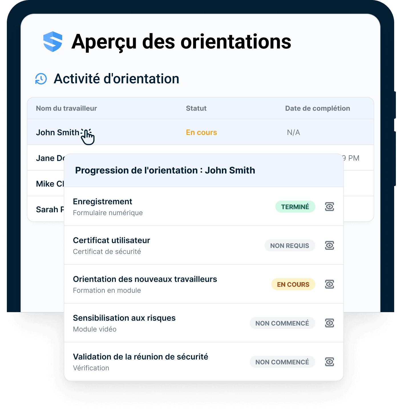 Aperçu des orientations avec l'activité des travailleurs et un tiroir de progression par travailleur