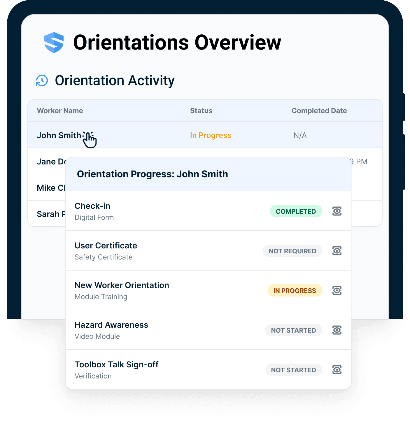 Orientations Overview with worker activity and a per-worker progress drawer