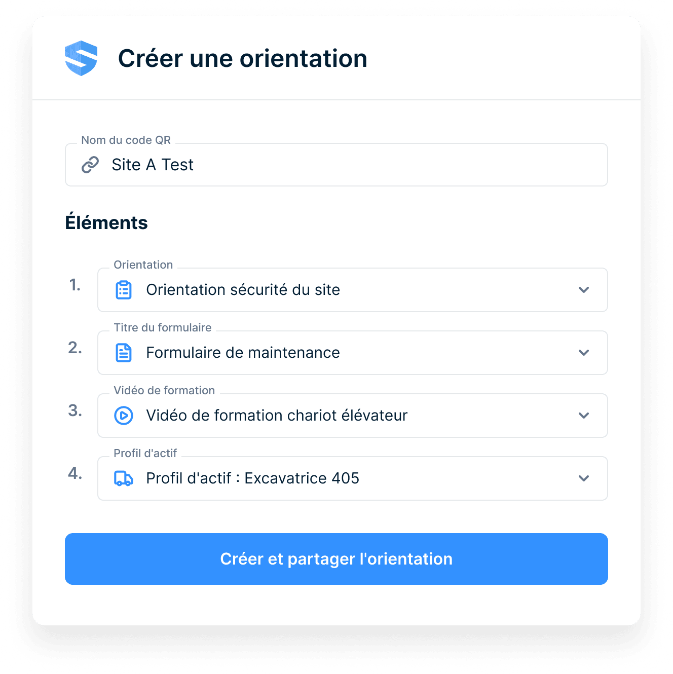 Écran de création d'orientation avec ensemble de chantier, orientation de sécurité, formulaire, vidéo de formation et profil d'actif