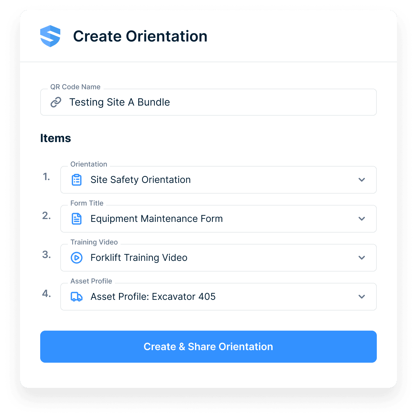 Create Orientation screen with site bundle, safety orientation, form, training video, and asset profile