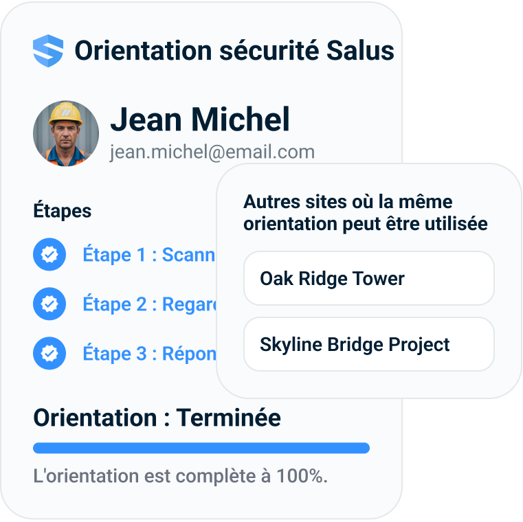 Orientation d'un travailleur marquée comme terminée sur un chantier SALUS et reconnue sur les autres chantiers du réseau
