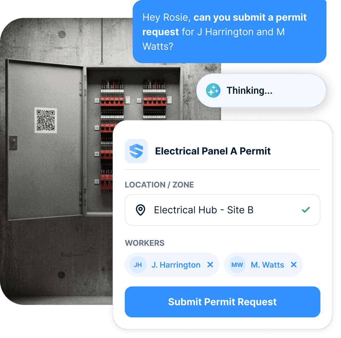 At a QR-tagged electrical panel, a worker asks Rosie to submit a permit request for two workers — the Electrical Panel A permit drafts itself with the zone and both workers attached