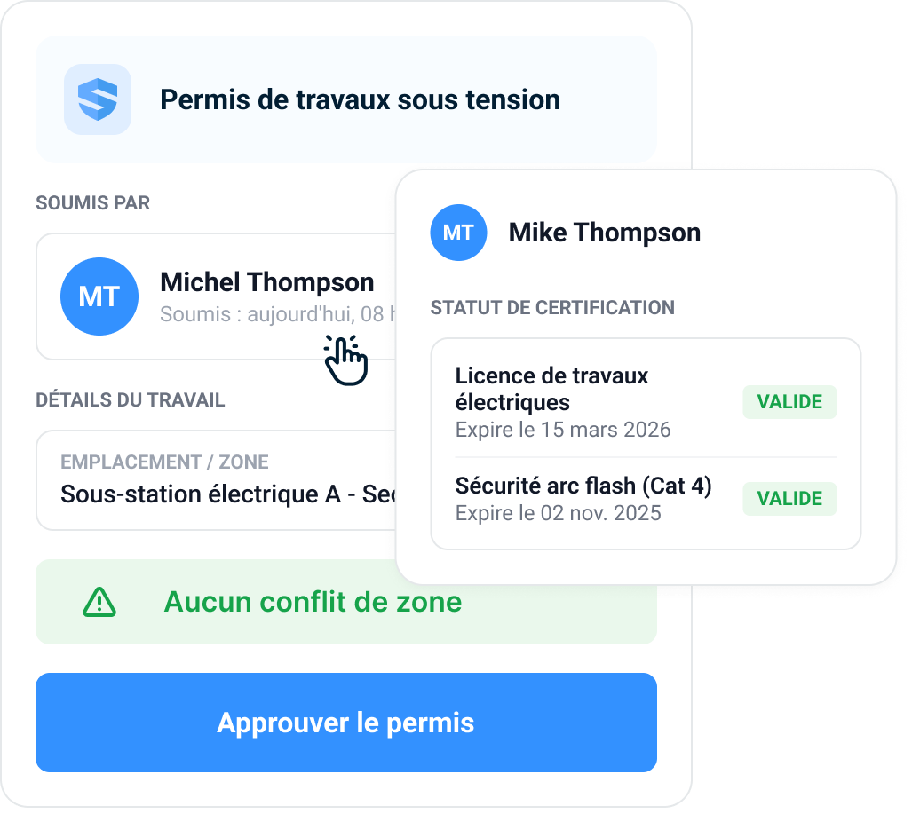 Carte d'approbation d'un permis de travail sous tension pour le poste électrique A, avec le statut de certification du travailleur demandeur vérifié comme valide, une vérification « Aucun conflit de zone » et un bouton « Approuver le permis »