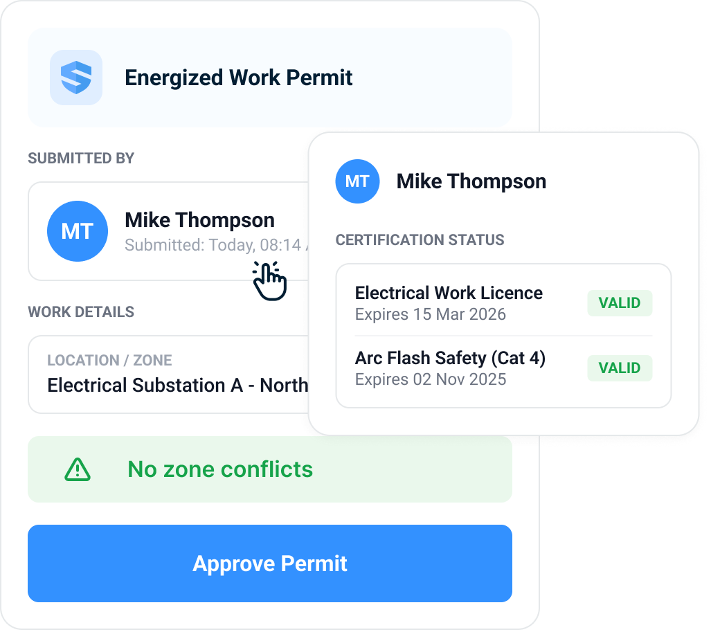 Energized work permit approval card for Electrical Substation A with the requesting worker’s certification status verified as valid, a “No zone conflicts” check, and an Approve Permit button