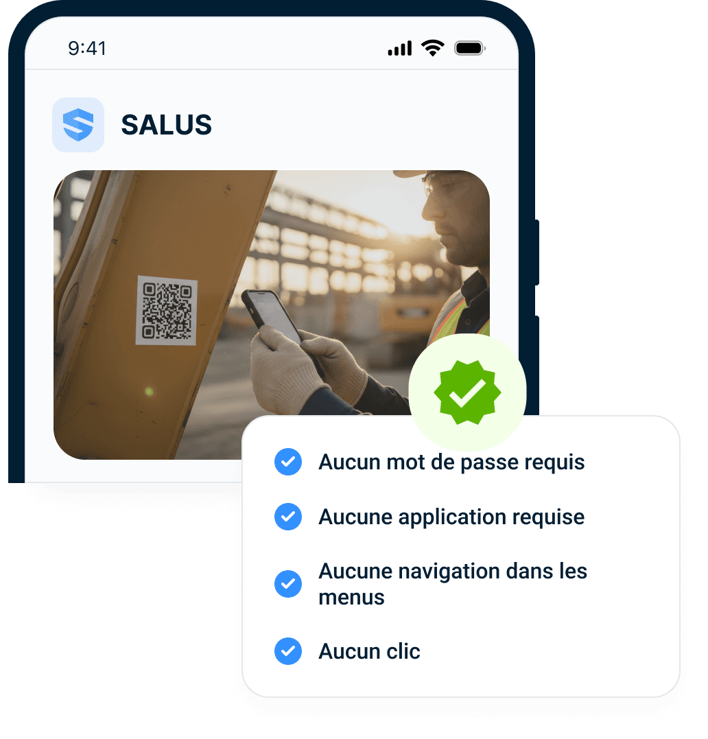 Travailleur sur le chantier balayant un code QR avec la caméra d'un téléphone — vérifié sans mot de passe requis, sans application requise, sans navigation dans les menus, sans clics