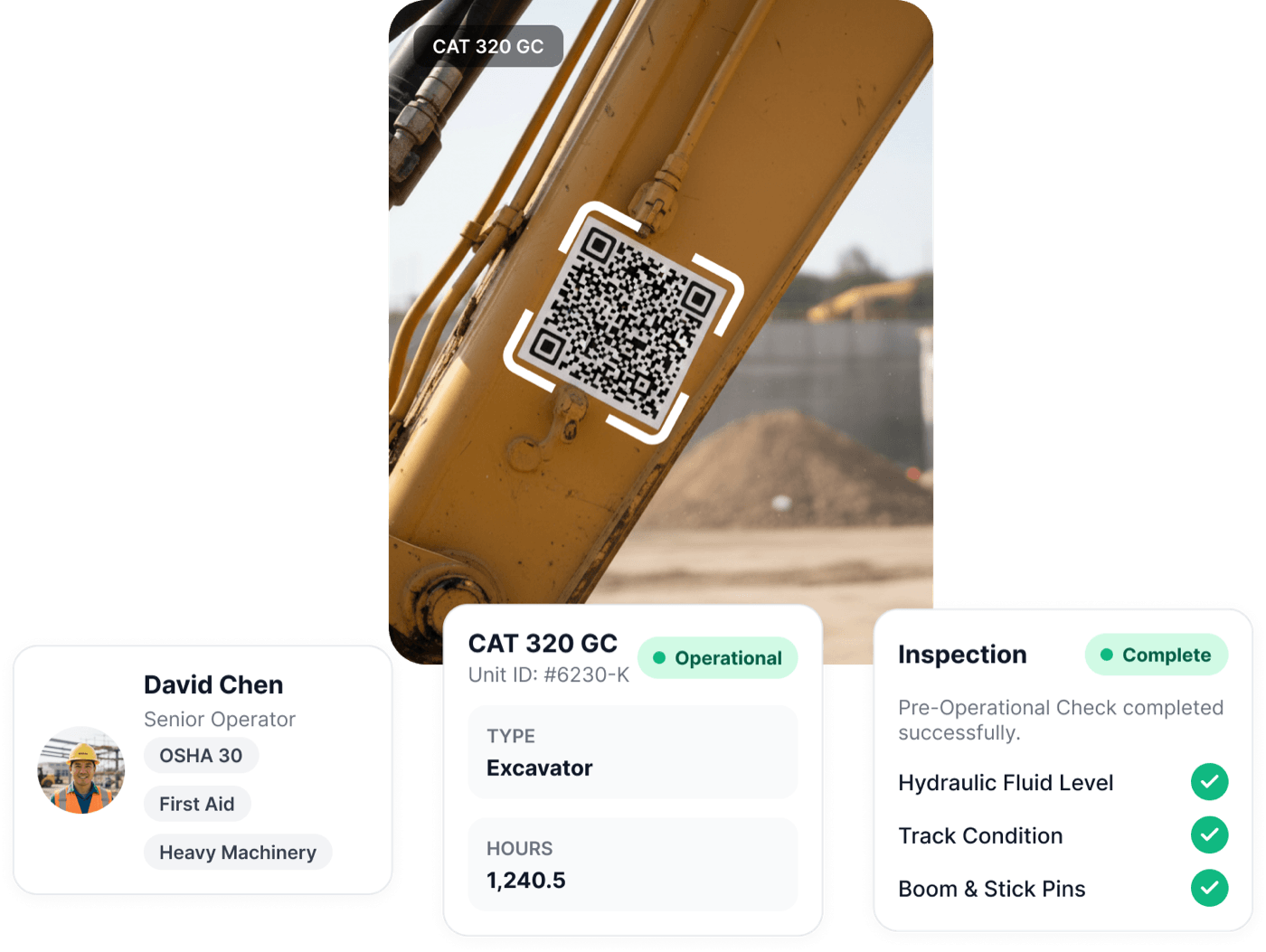 QR code scanned on a CAT 320 GC excavator boom, pulling up the senior operator's credential card, the asset's operational status and hours, and a completed pre-operational inspection
