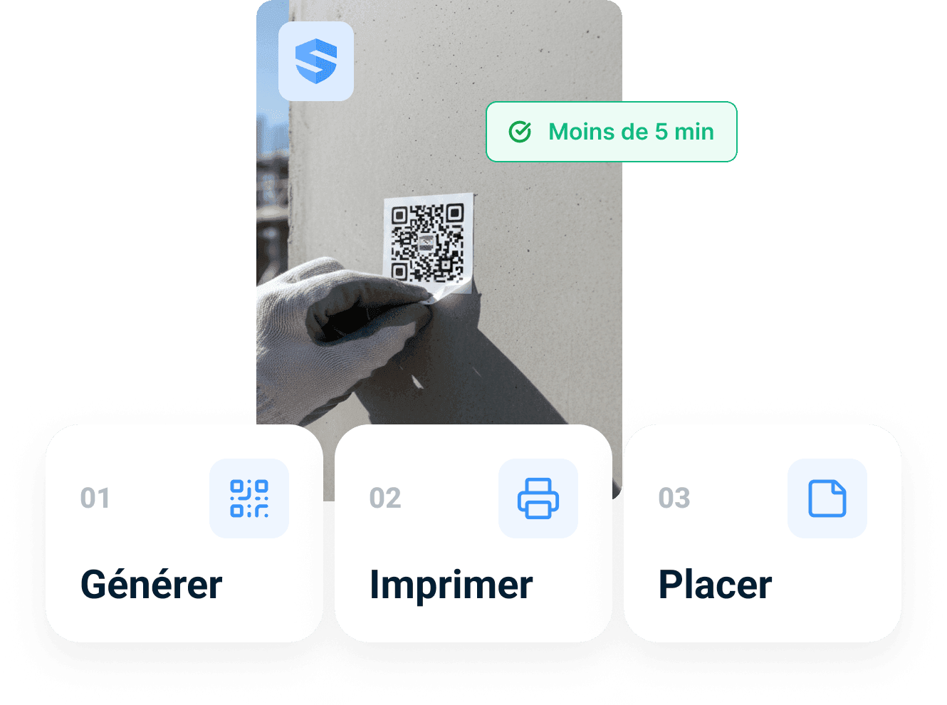 Main gantée posant un code QR imprimé sur une colonne de béton en moins de 5 minutes, au-dessus de trois cartes d'étapes : générer, imprimer, poser