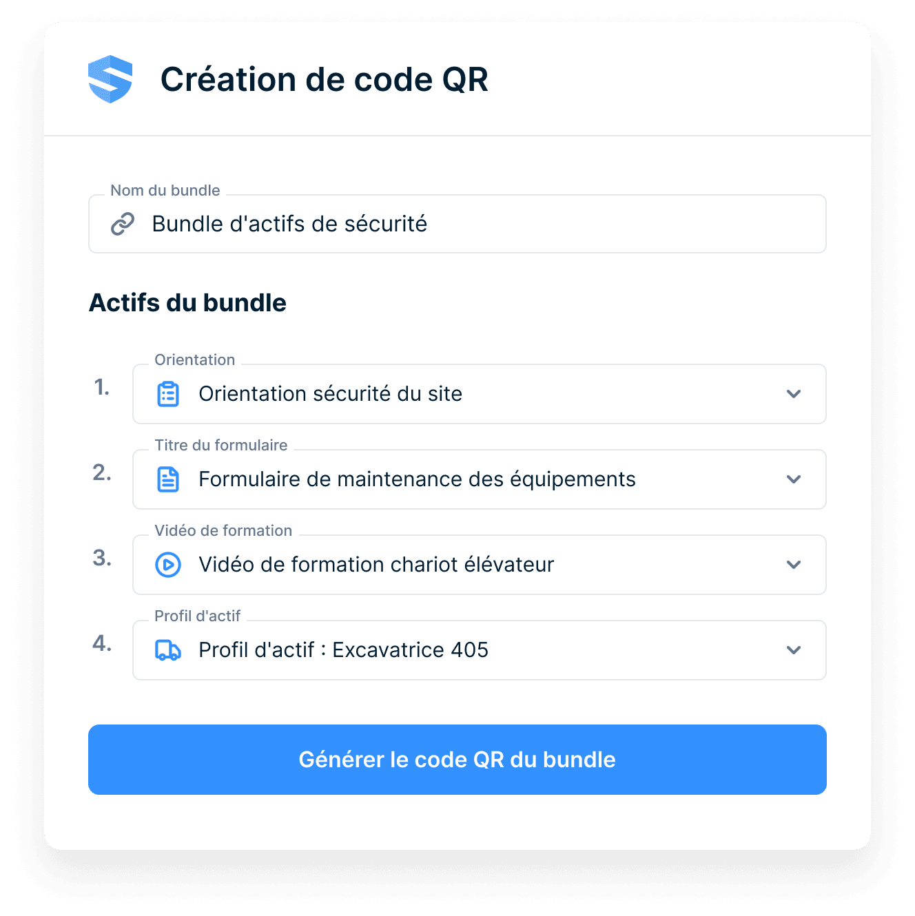 Écran de création de code QR assemblant un ensemble d'actifs de sécurité à partir d'une orientation de sécurité de chantier, d'un formulaire d'entretien d'équipement, d'une vidéo de formation sur chariot élévateur et d'un profil d'actif