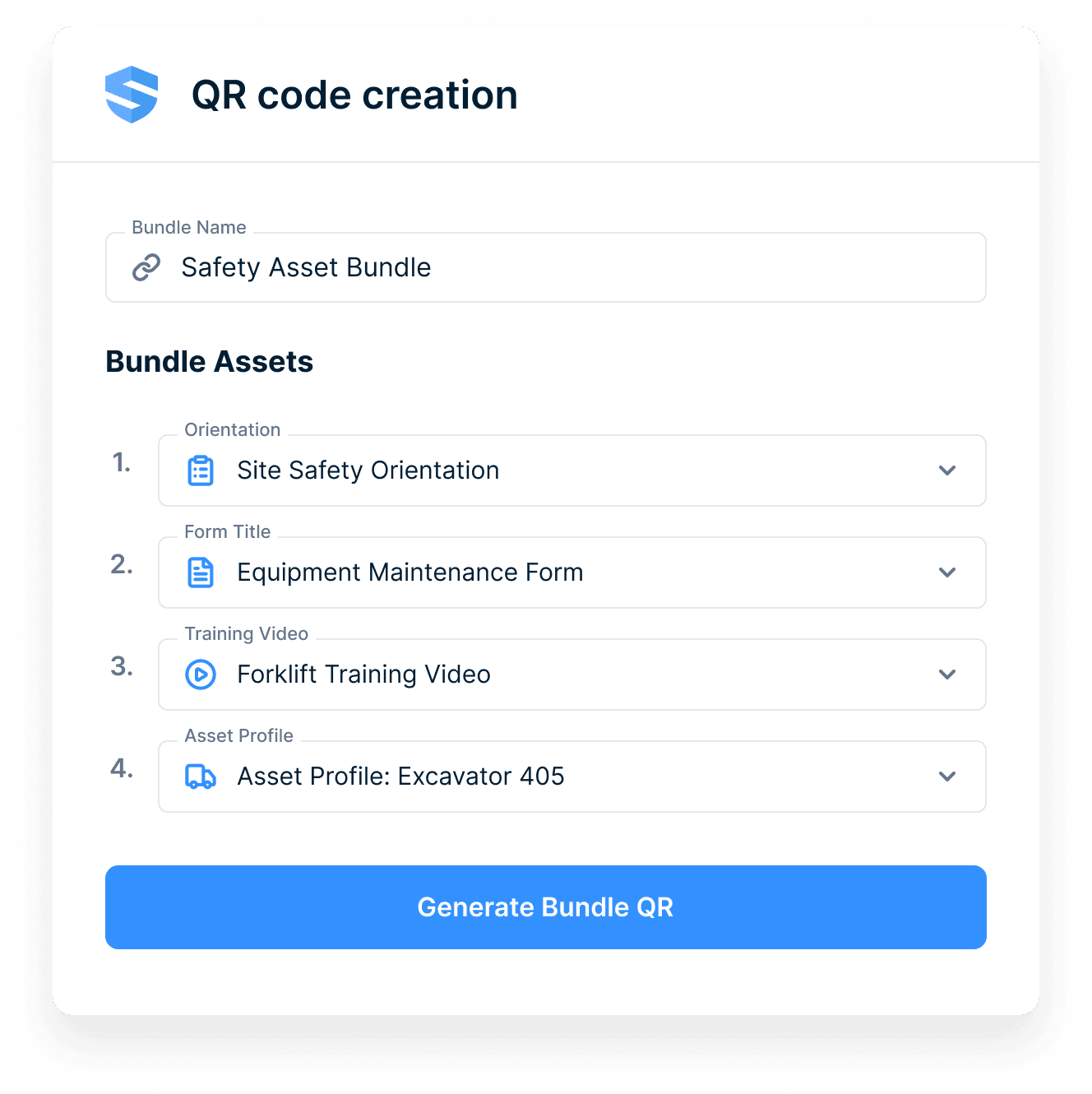 QR code creation screen building a Safety Asset Bundle from a site safety orientation, an equipment maintenance form, a forklift training video, and an asset profile