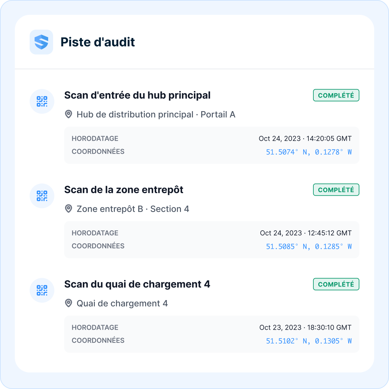 Piste de vérification énumérant un balayage d'entrée au poste principal, un balayage de zone d'entrepôt et un balayage au quai de chargement — chacun accompagné d'un horodatage et de coordonnées GPS