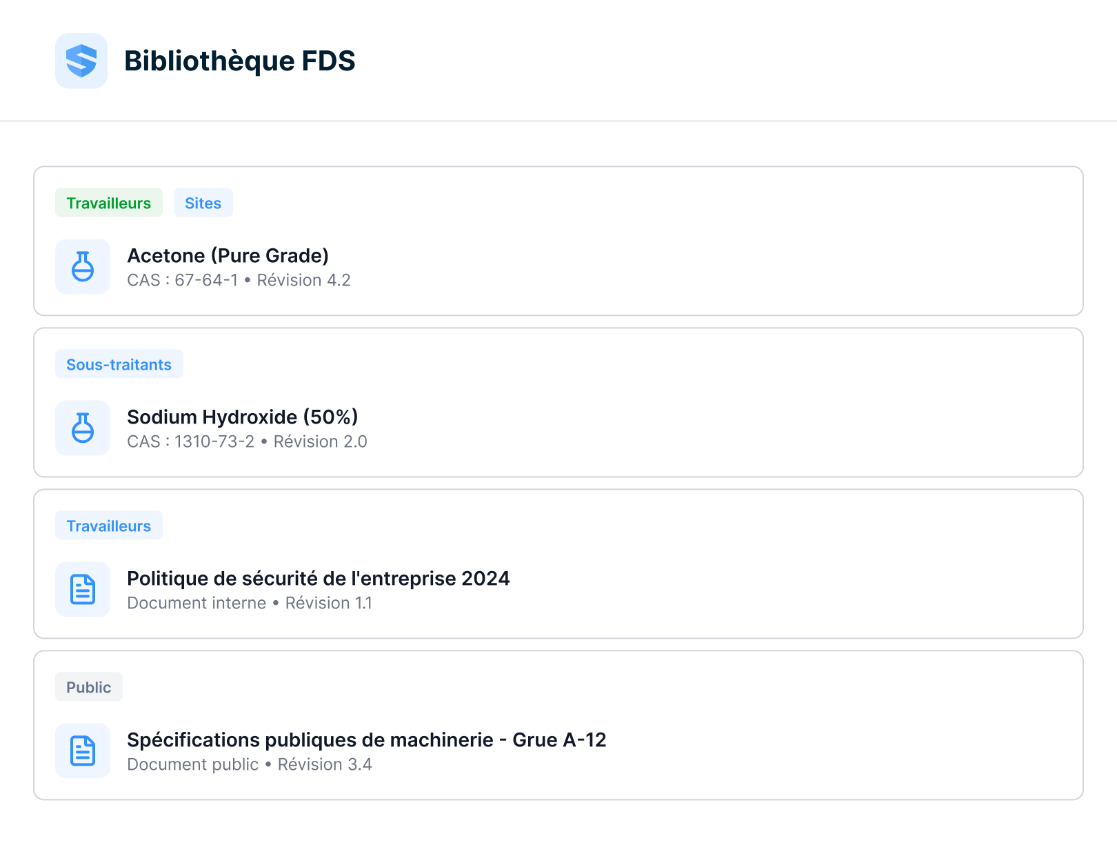 Liste de la bibliothèque de FDS — l'acétone étiquetée pour les travailleurs et les chantiers avec numéro CAS et révision 4.2, l'hydroxyde de sodium étiqueté pour les sous-traitants, une politique de sécurité d'entreprise comme document interne et des spécifications publiques de machinerie pour une grue comme document public