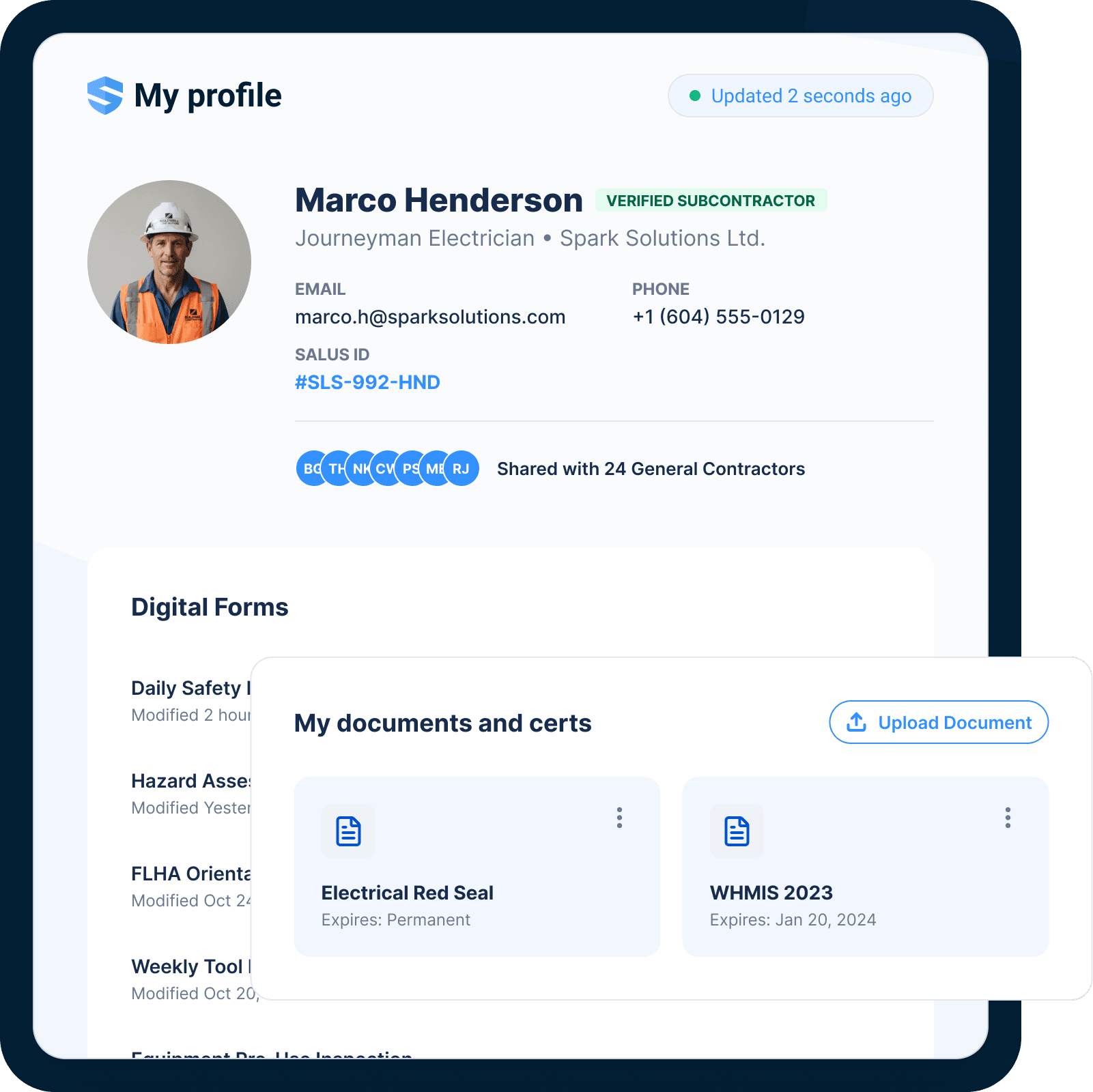 A verified subcontractor's profile — a journeyman electrician shared with 24 general contractors — with a digital forms list and a documents-and-certs panel with an upload button