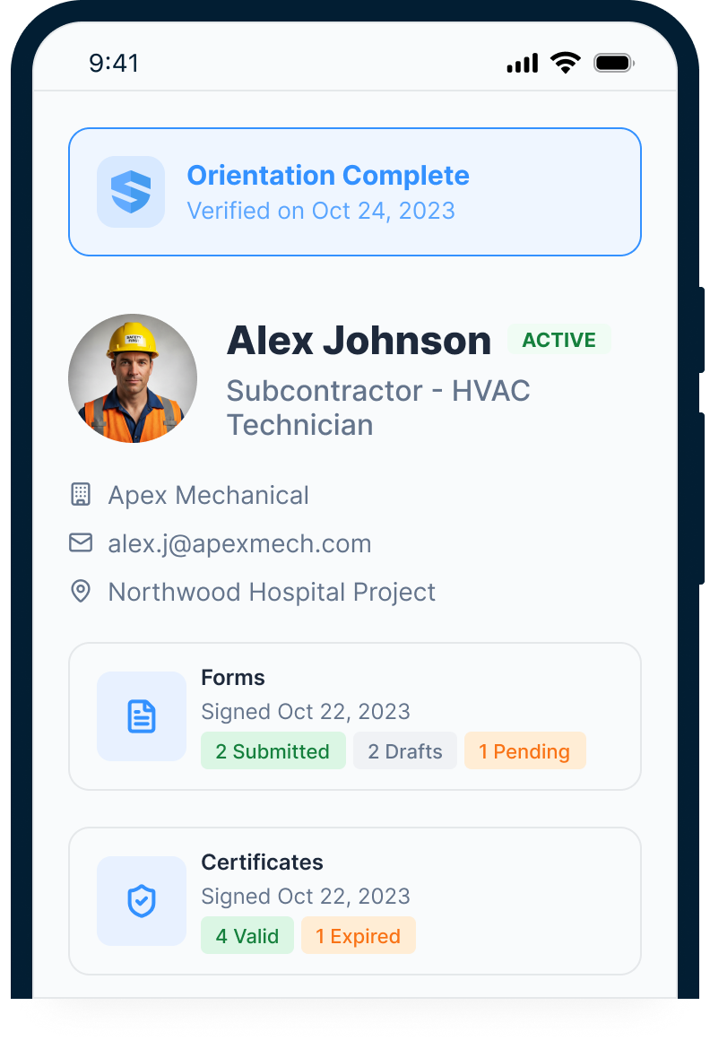 Sub worker's profile on a phone — orientation complete and verified, status active, forms submitted and certificates linked — subcontractor visibility that continues after orientation