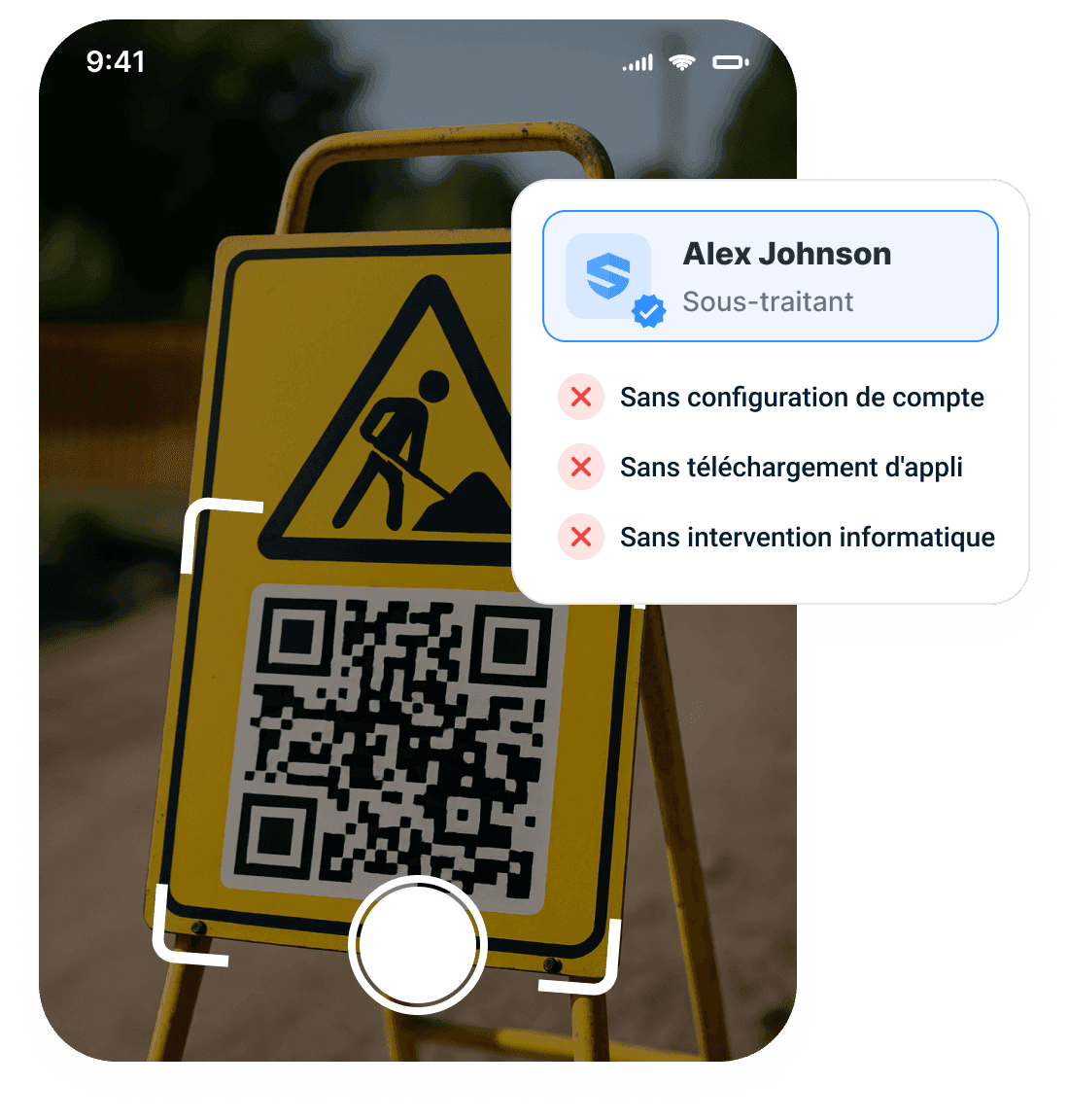 Le même balayage du code QR de l'entrée avec le profil de sous-traitant du travailleur et trois obstacles barrés : aucune création de compte, aucun téléchargement d'application, aucune intervention des TI