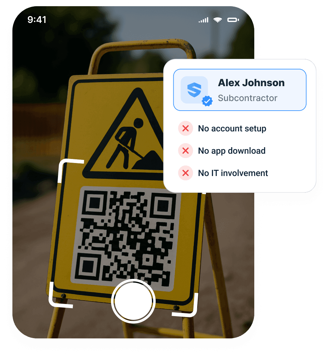 The same gate-QR scan with the worker's subcontractor profile and three crossed-out barriers: no account setup, no app download, no IT involvement