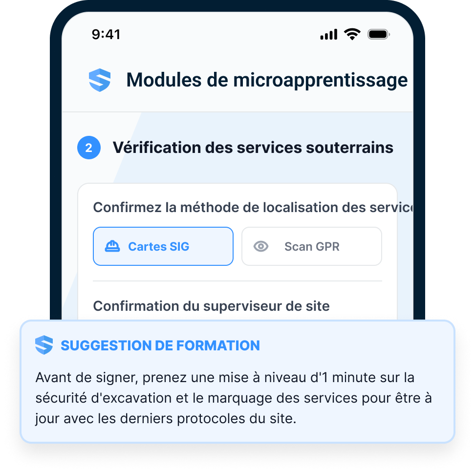 Téléphone d'un travailleur affichant une invite de recyclage contextuel SALUS avant une tâche à risque élevé