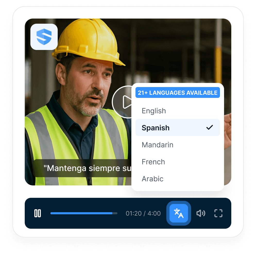 Training video on a phone with Spanish subtitles and a language selector showing English, Spanish, Mandarin, French, and Arabic among 21+ languages