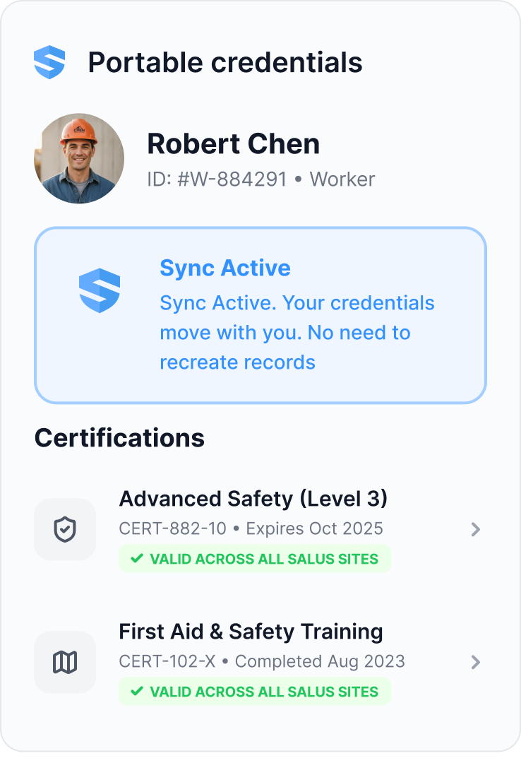 Portable credentials card for a worker with sync active — your credentials move with you — and certifications for Advanced Safety Level 3 and First Aid & Safety Training marked valid across all SALUS sites