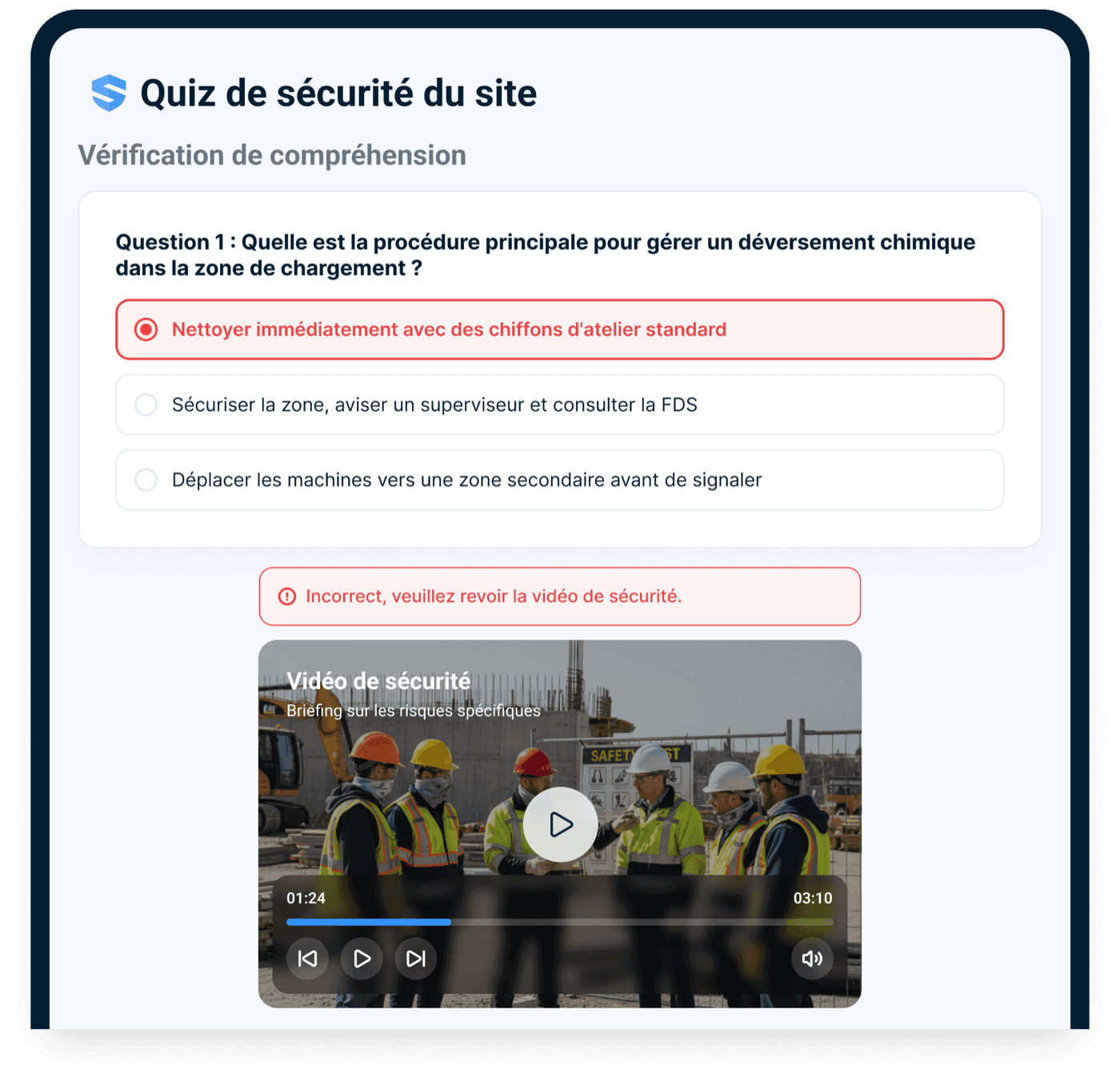 Vérification de compréhension du questionnaire « Sécurité du chantier » sur une question de déversement de produits chimiques, avec une réponse incorrecte signalée et une vidéo de sécurité « Exposé des dangers particuliers » mise en file pour un nouveau visionnement