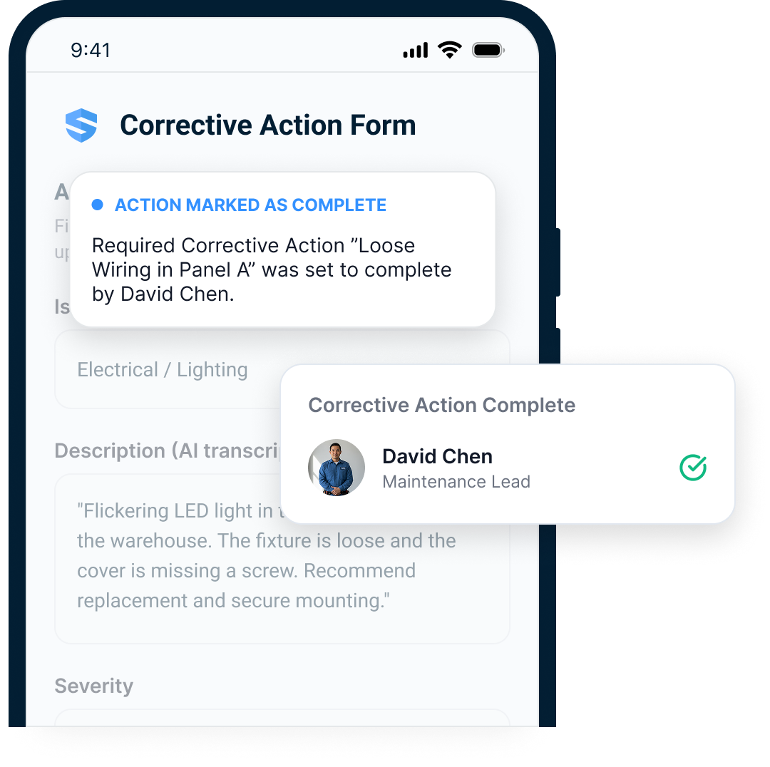 A completed corrective action confirms that David Chen resolved the loose wiring issue