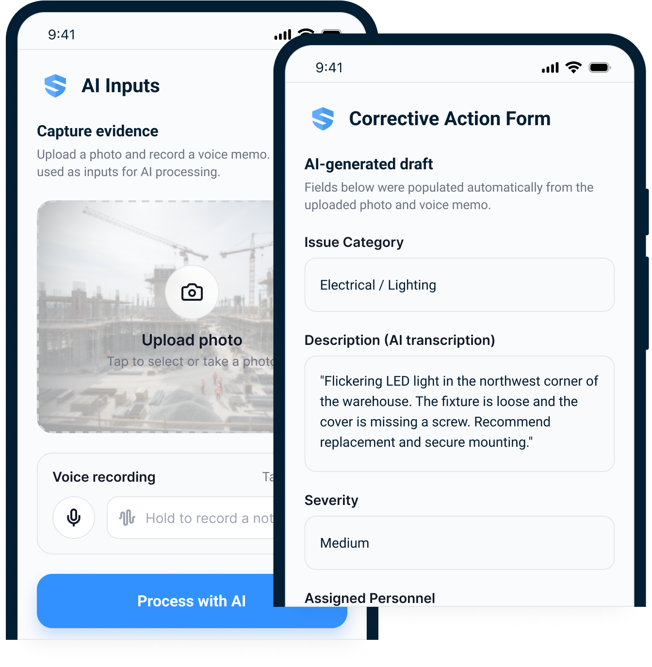 A worker uploads inspection evidence by photo and voice note while SALUS generates a structured corrective-action draft