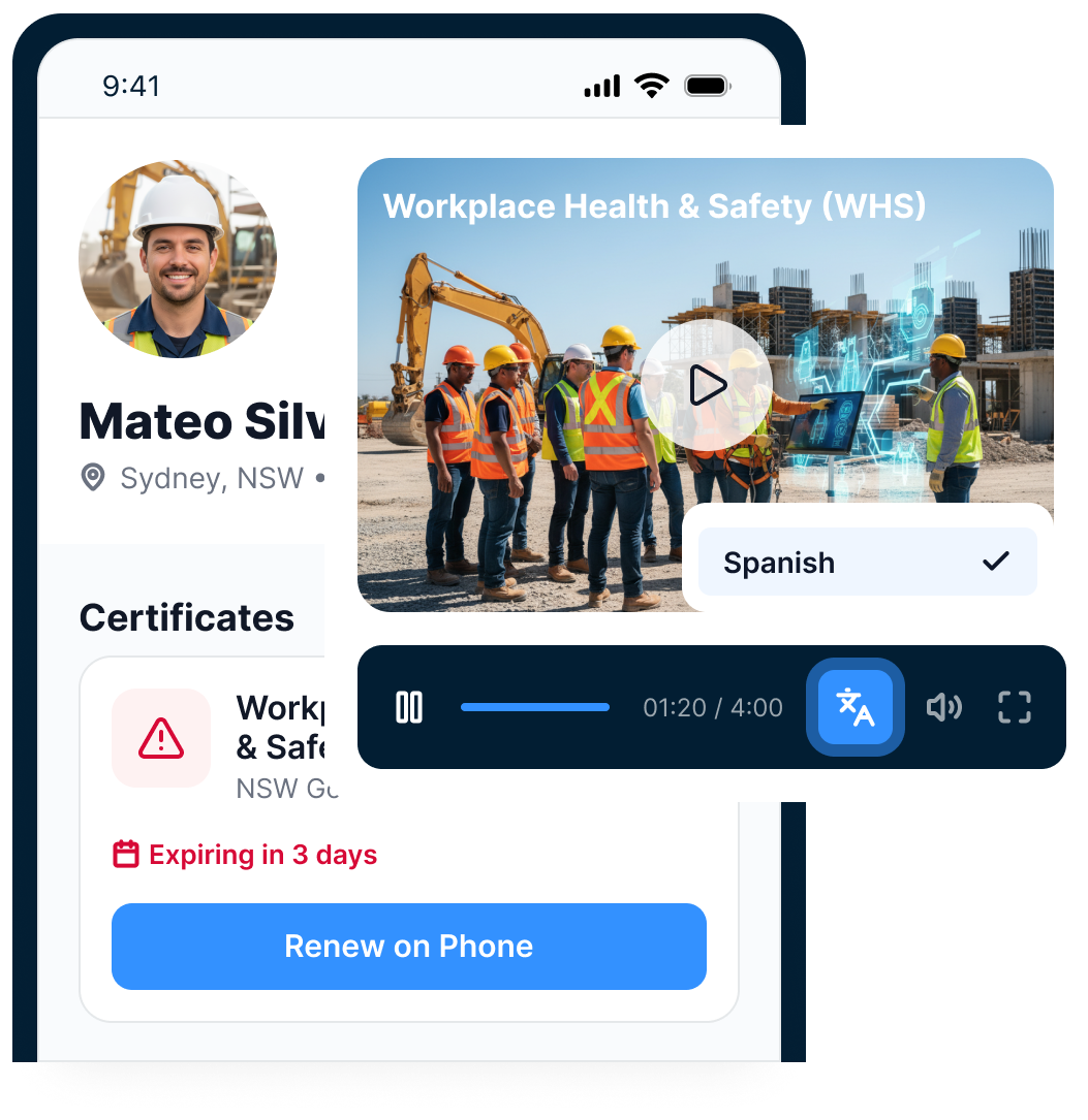 A worker renews an expiring Workplace Health and Safety certificate on his phone with Spanish training selected