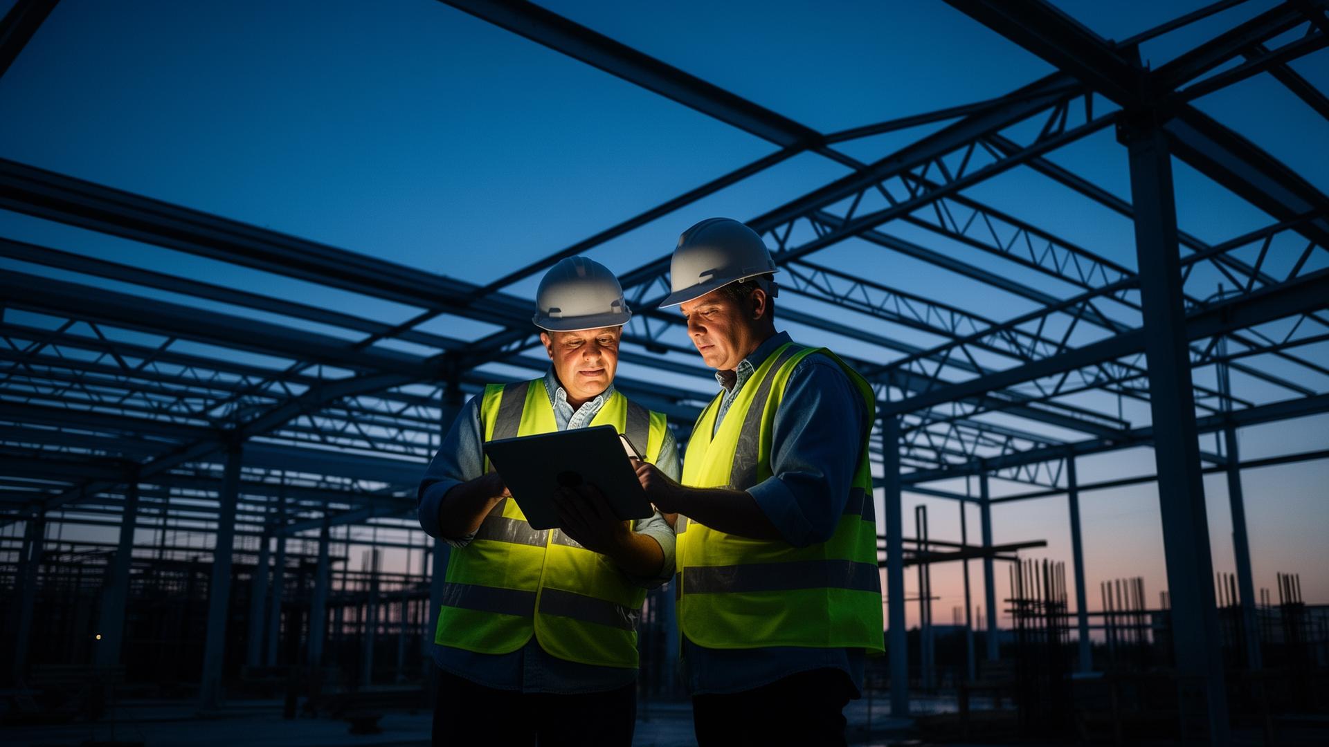 A crew gathered around a tablet at the jobsite, reviewing their pre-task plan together