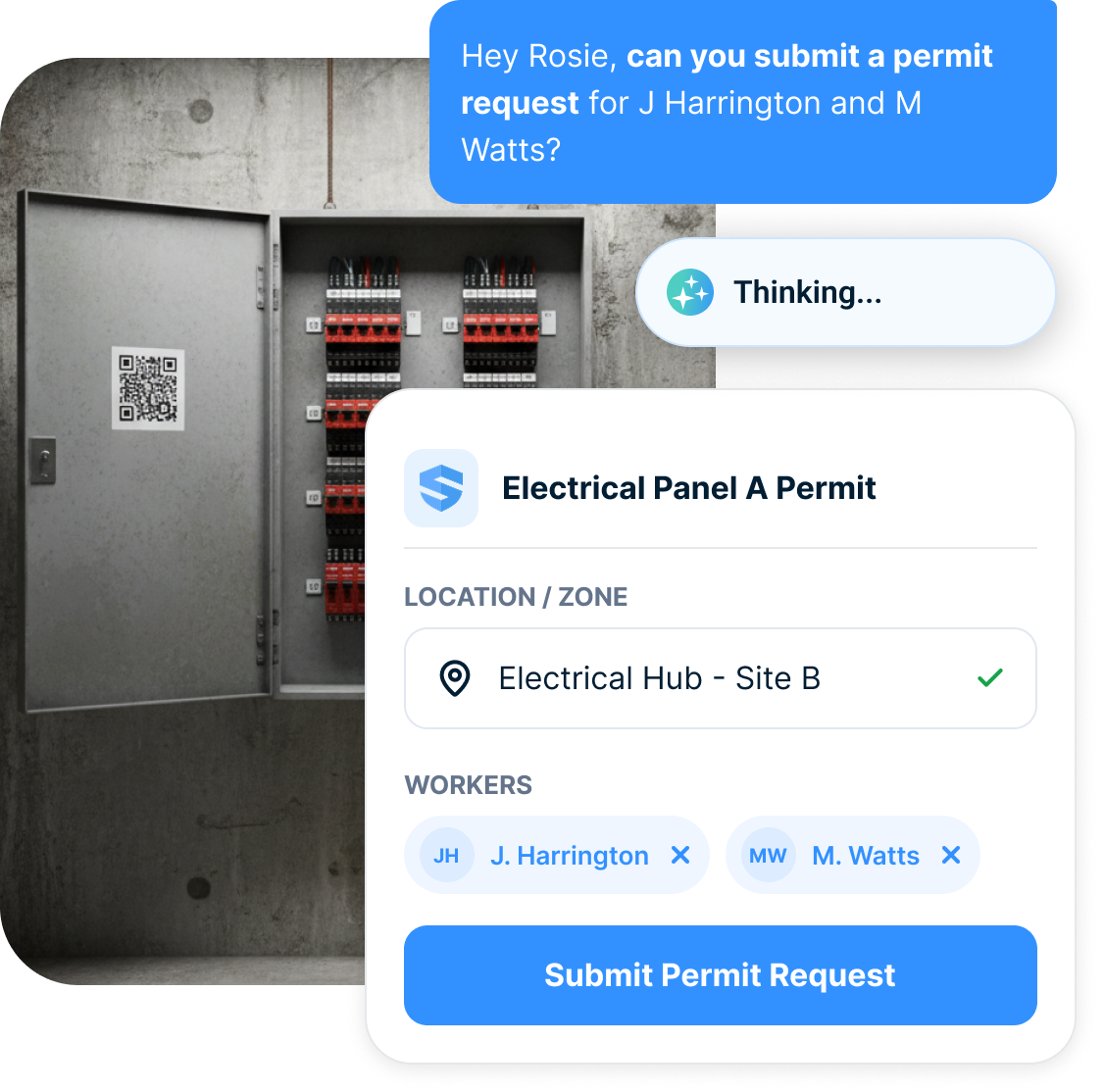 Rosie submits an electrical panel permit request for two workers from a field QR scan