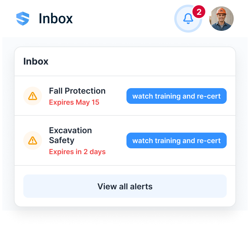 SALUS Inbox showing fall protection and excavation safety certifications that need renewal training