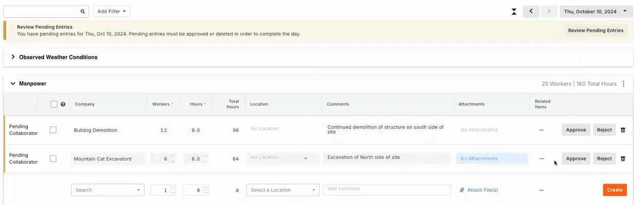 Procore Daily Log showing review-pending manpower entries with worker counts, hours, and comments.