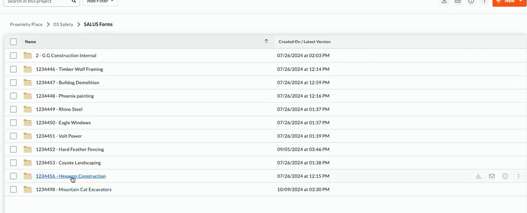 Procore Documents showing a SALUS Forms folder organized into trade-partner folders.