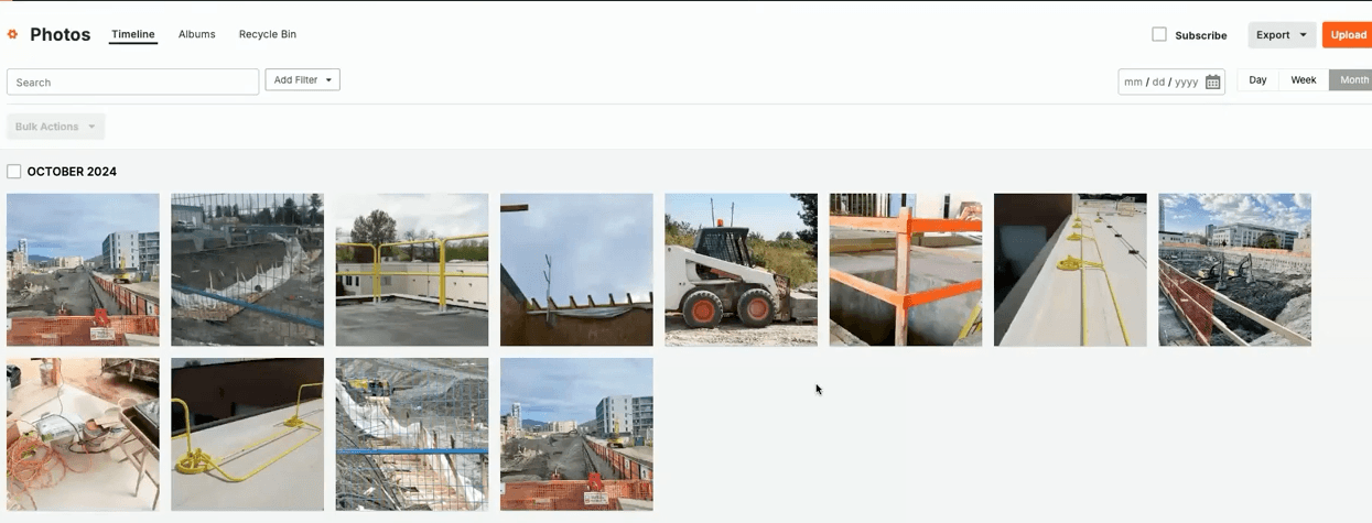 Procore Photos timeline showing construction-site images synchronized from safety records.