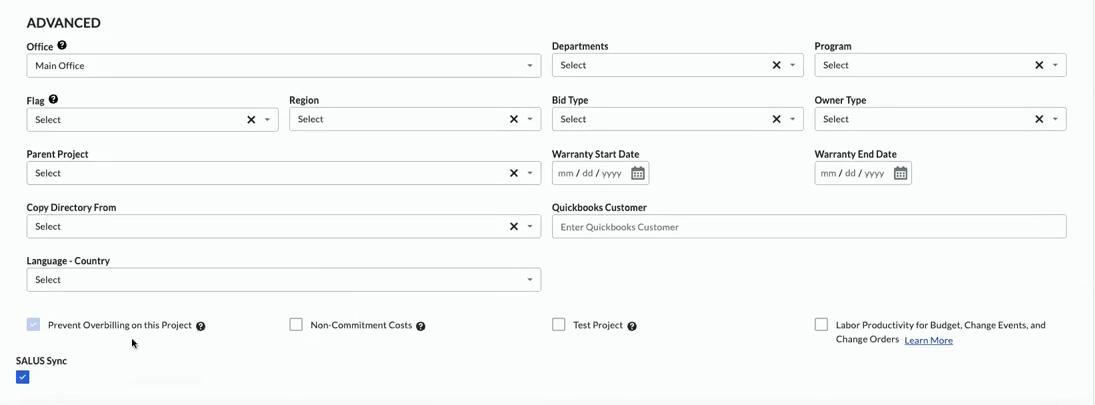 Procore project settings with SALUS Sync enabled.