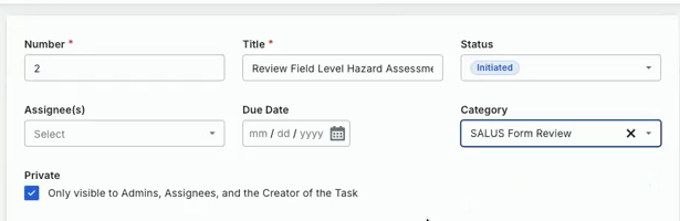 Procore task editor showing assignee, due date, privacy, and SALUS Form Review category fields.