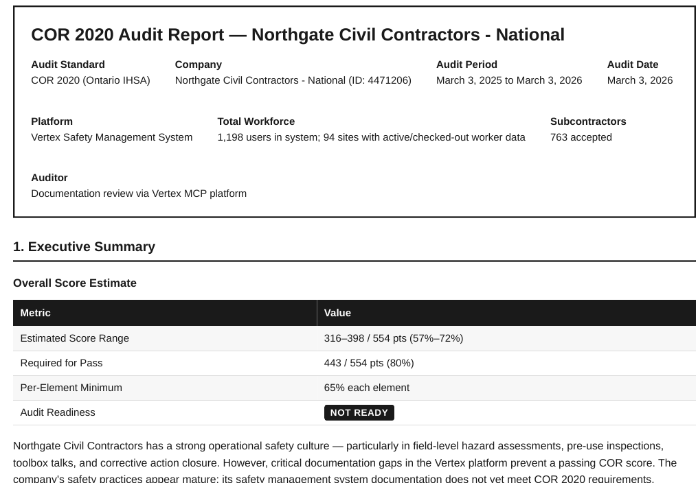 COR 2020 Audit Report excerpt showing the audit context, estimated readiness score range, evidence completeness and the finding that additional review is required