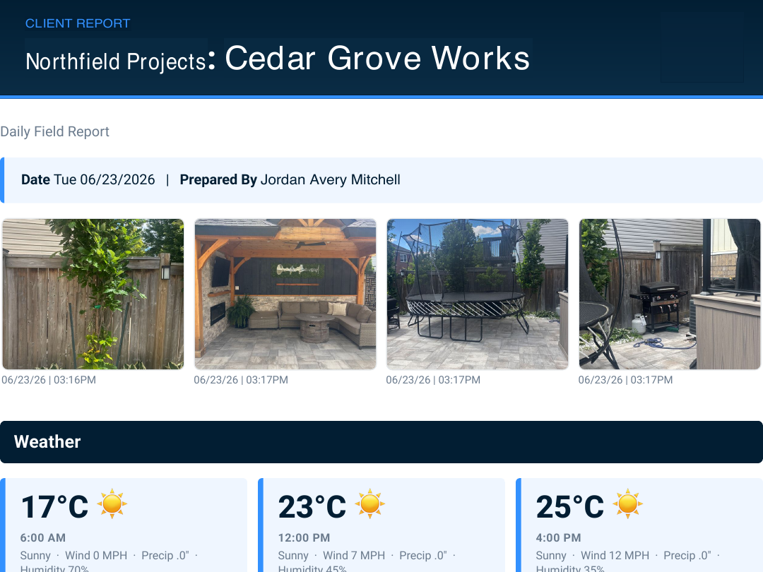 Daily Field Report excerpt showing the project, field photos, weather, work logs, and worker hours