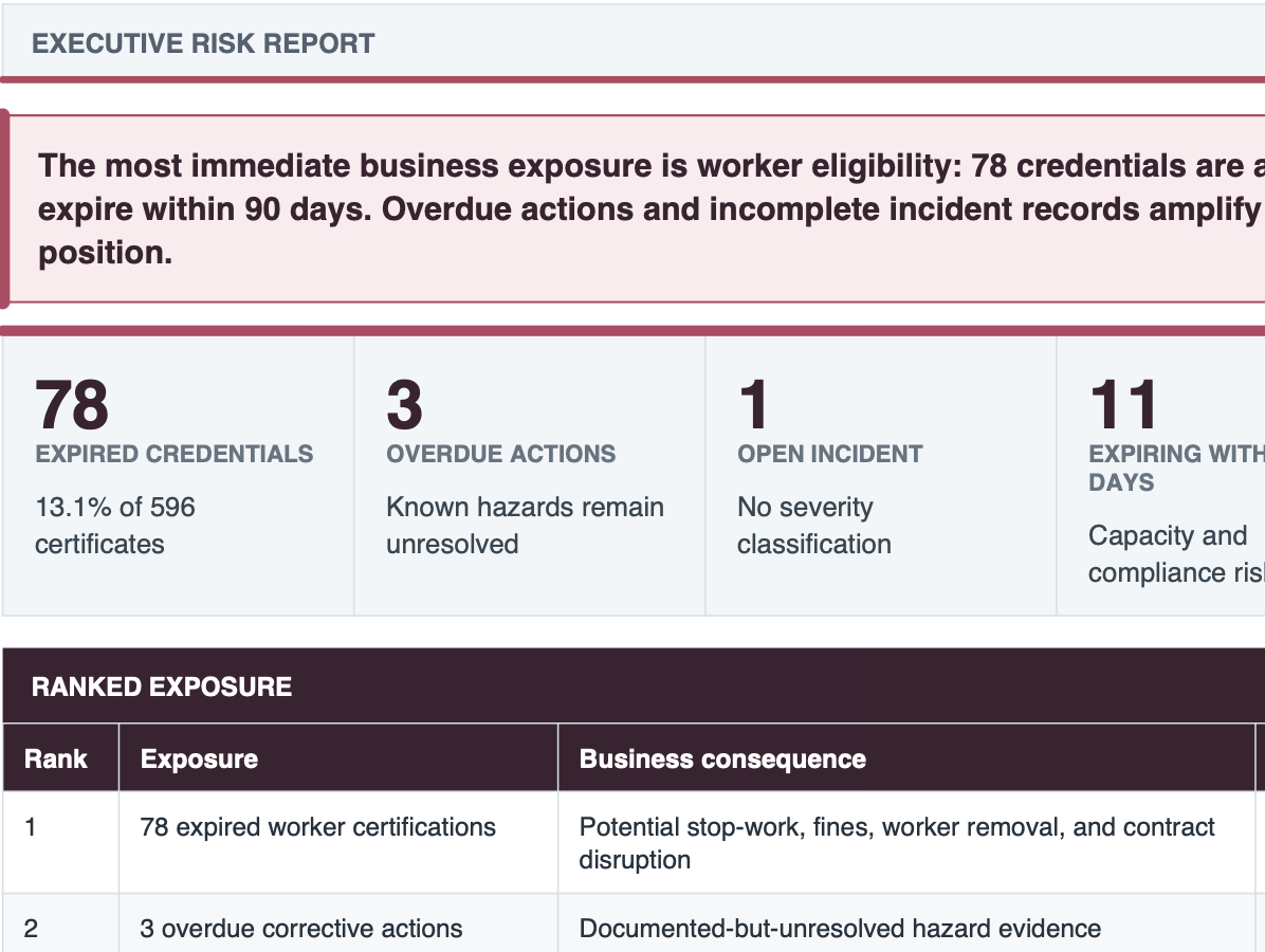 Portfolio Risk Exposure report excerpt showing the highest-priority exposure and its source records